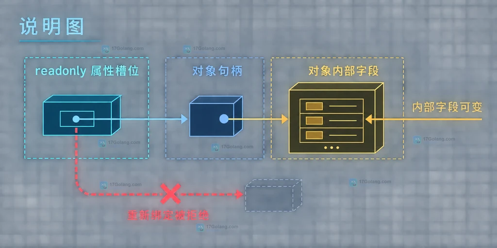 PHP readonly 属性槽位、对象句柄与对象内部字段的可变性边界说明图