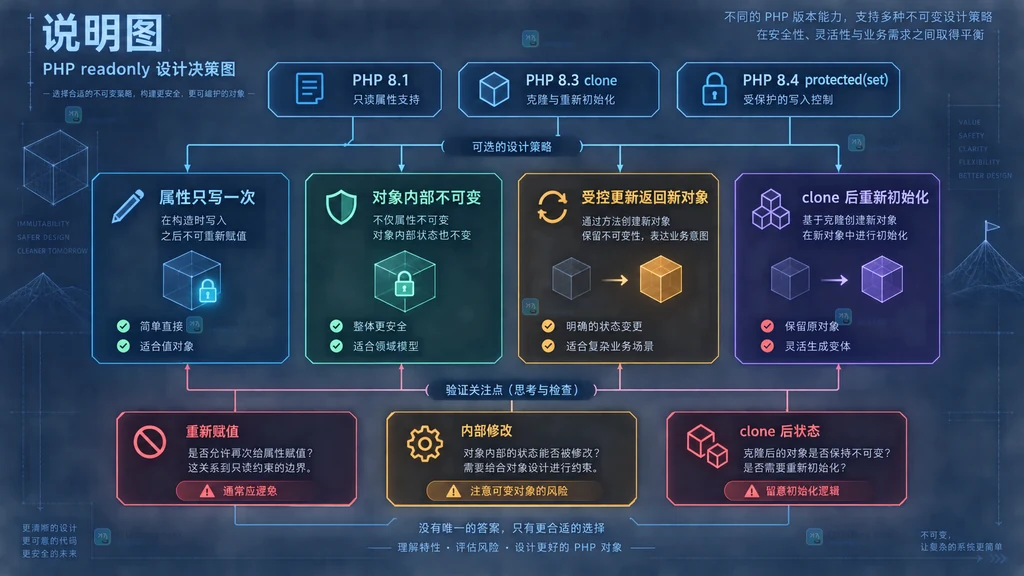 PHP 8.1、8.3 clone、8.4 protected set 与只读封装策略关系说明图