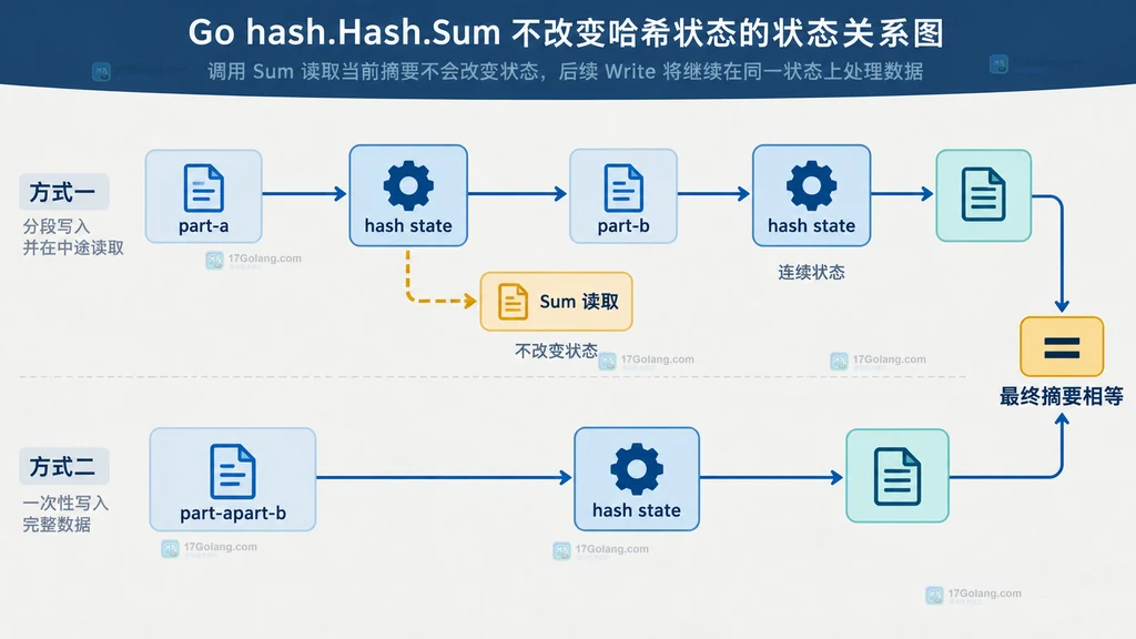 Go hash.Hash Sum 将当前摘要追加到 nil 切片或前缀切片的静态关系说明图