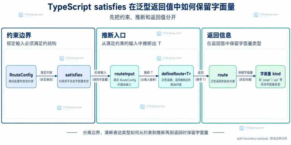 TypeScript as const、readonly、字面量 path、defineRoute 和泛型返回类型的静态关系说明图