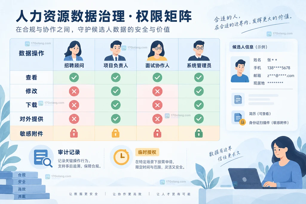 人力资源候选人资料生命周期说明图,展示收集、筛选、面试、推荐、结束服务后的权限回收与留存复核