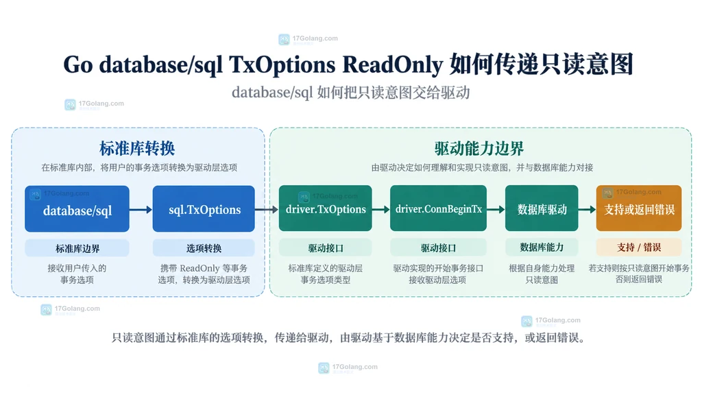 Go database/sql TxOptions ReadOnly 从 BeginTx 进入事务对象的输入关系说明图