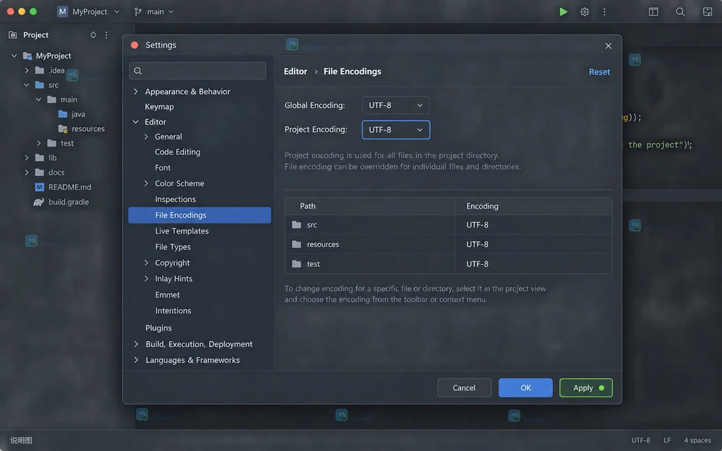 JetBrains IDE 当前项目中文文件在状态栏显示 UTF-8 并出现 Reload 与 Convert 选择的结果验收说明图
