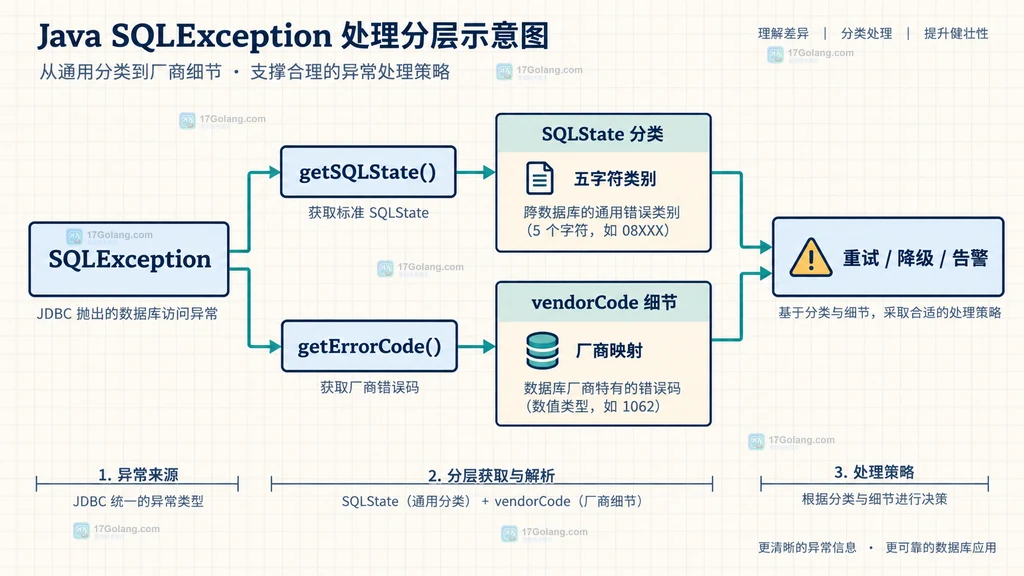 Java SQLException 异常链 nextException cause 与重试告警边界结构图