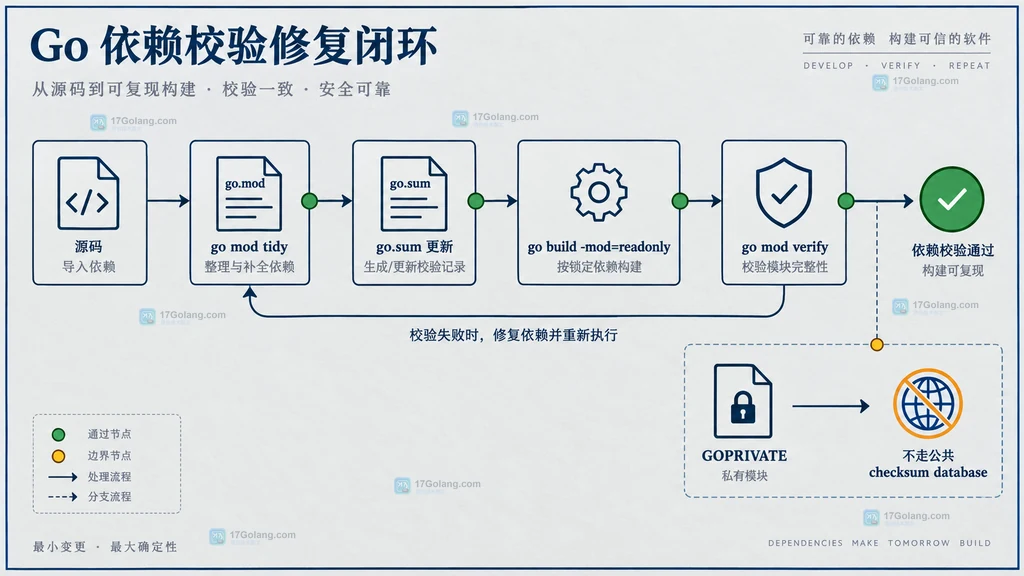 Go go.mod go.sum 模块缓存与 CI 只读校验的关系说明图