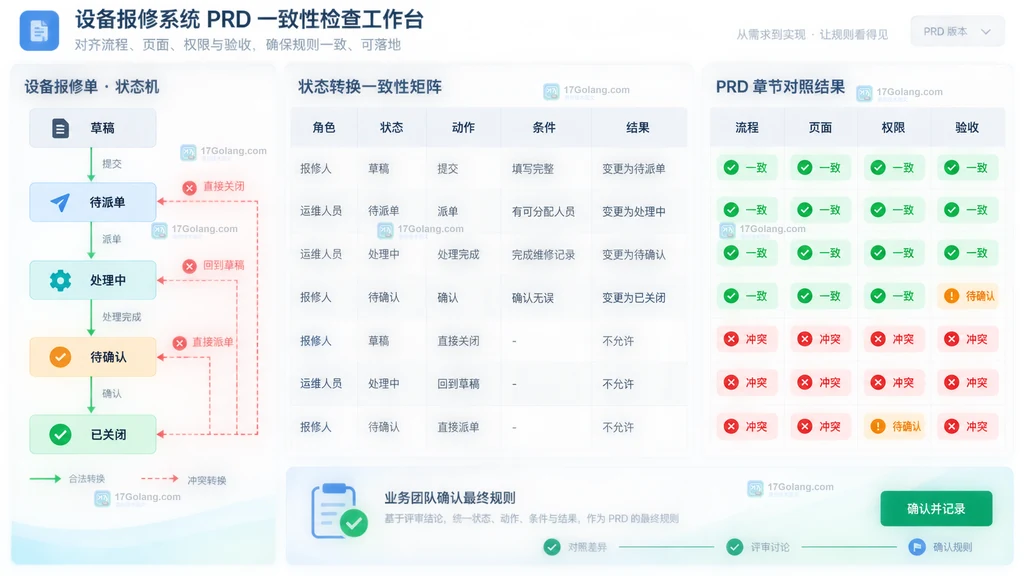 PRD对象状态机与角色动作条件结果章节一致性矩阵示意
