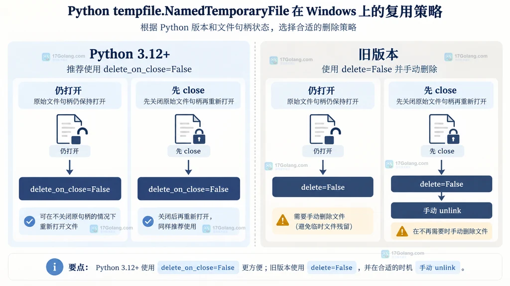 Python 3.12 及以上与旧版本在 Windows 下复用 NamedTemporaryFile 的策略边界说明图