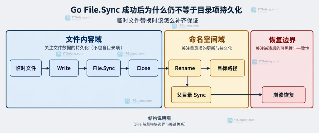 File.Sync、文件数据、inode 元数据与父目录目录项的持久化边界说明图