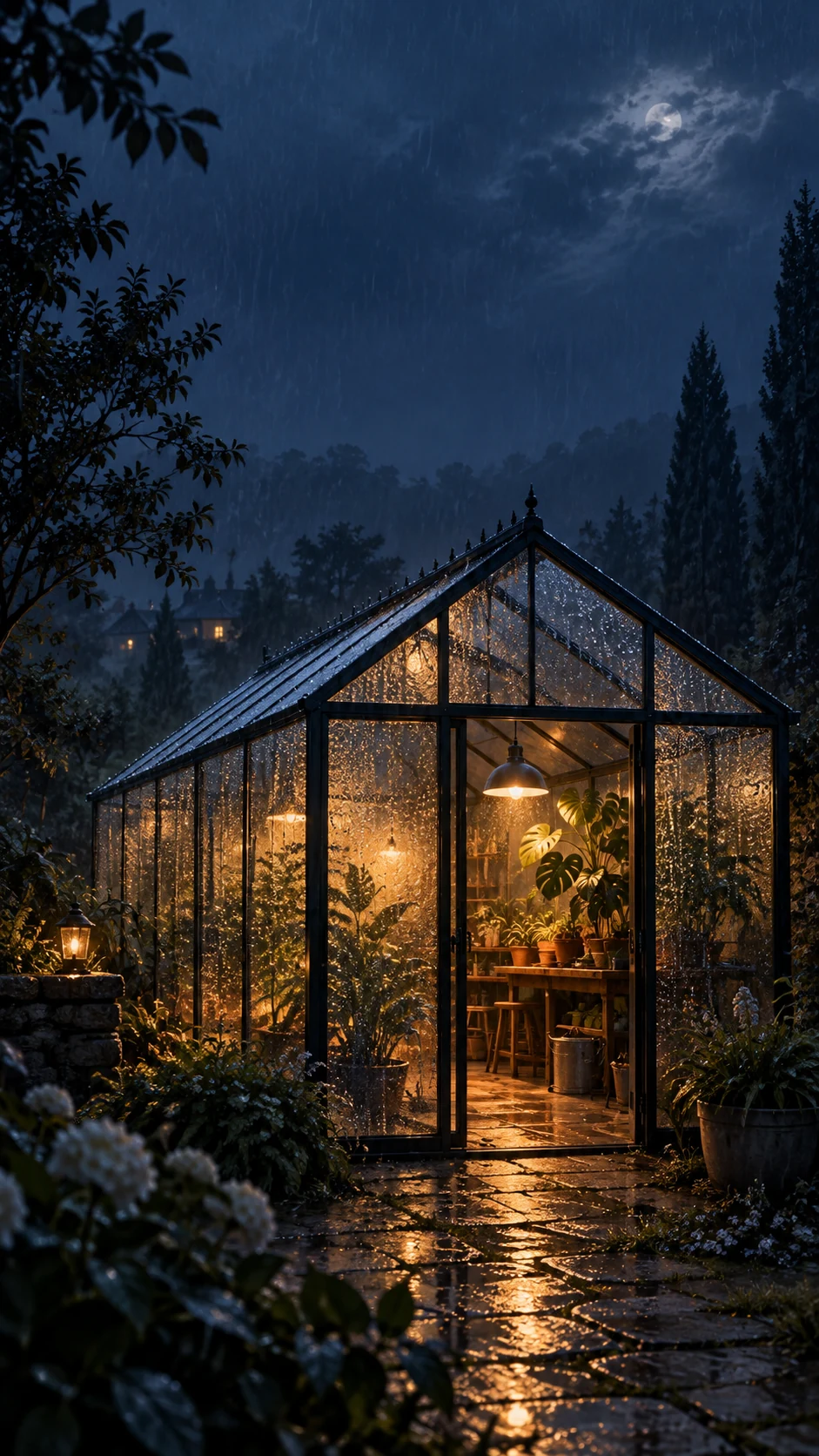雨夜玻璃屋冷月光变体手机壁纸,银蓝光线从左上进入,玻璃屋视觉重心下移至右下并保留上方留白