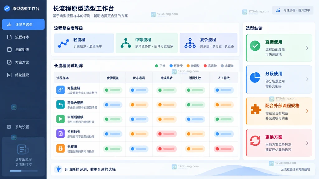 长流程在线原型步骤覆盖状态完整返回路径人工修改评审成本选型矩阵示意