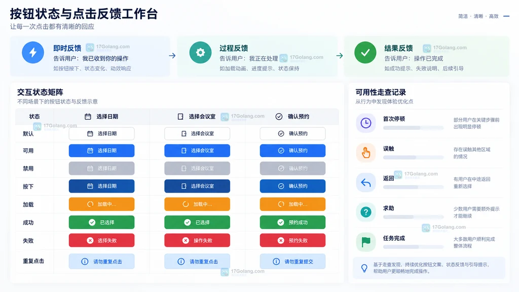 在线原型按钮默认禁用加载成功失败重复点击反馈状态矩阵与走查记录示意