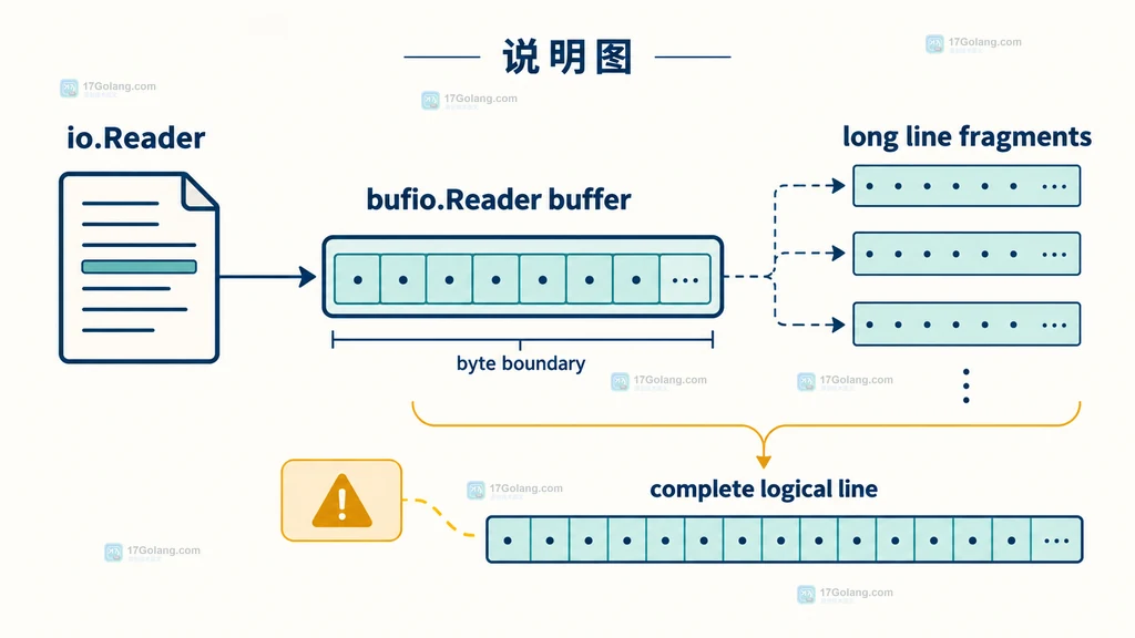 Go Reader.ReadLine 的 isPrefix 片段与 bytes.Buffer 拼接关系说明图
