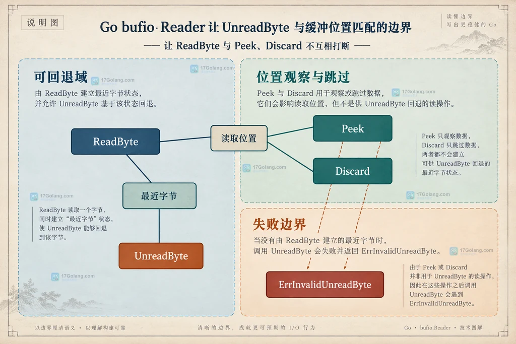 Go bufio.Reader 最近一次读取与 UnreadByte 单字节回退边界结构说明图