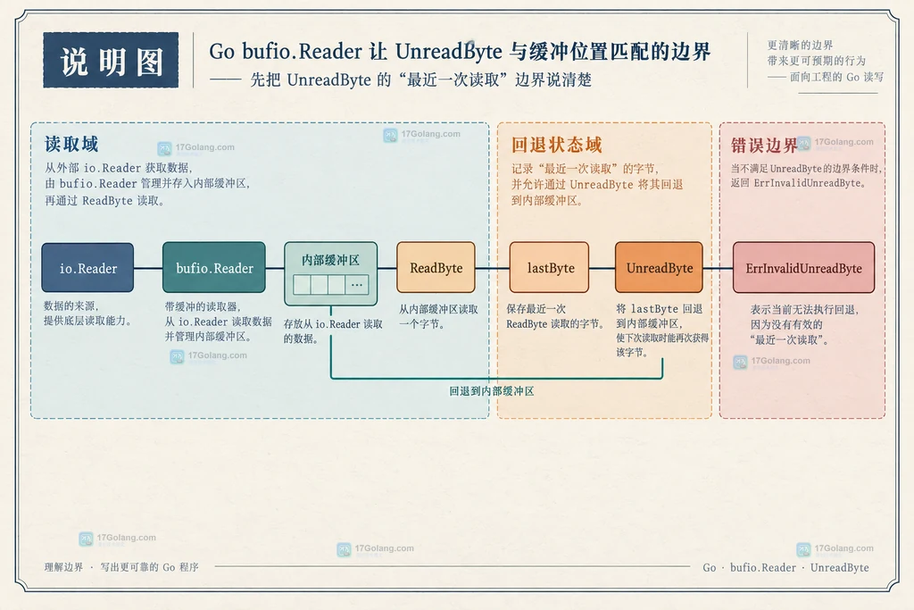 Go ReadByte、Peek、Discard 与 UnreadByte 状态关系的双域边界说明图