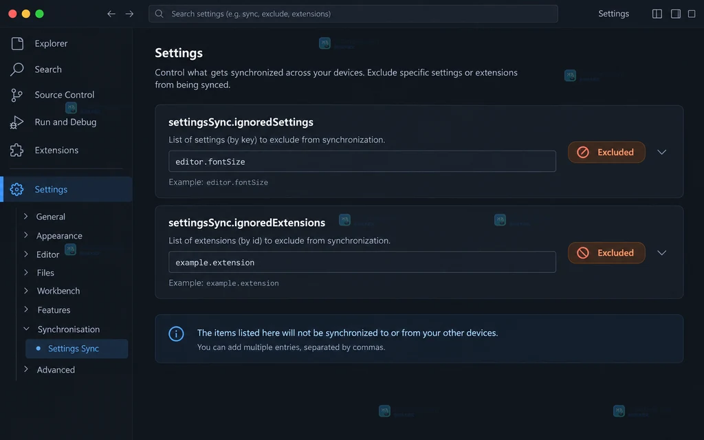 VS Code Settings Sync 范围说明图,展示 Settings 与 Extensions 分栏以及可选同步项目