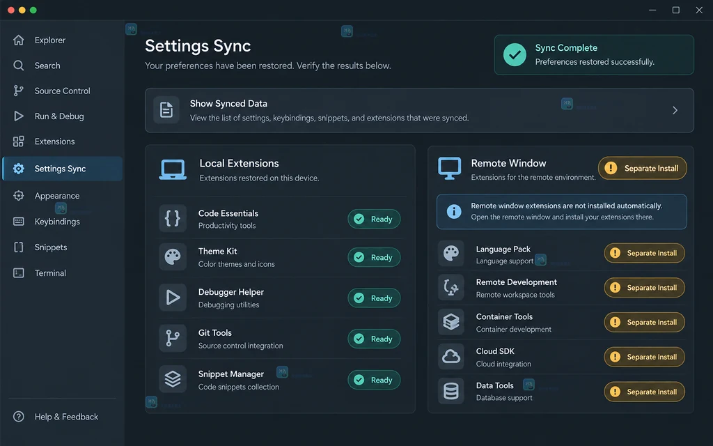 VS Code Settings Sync 入口说明图,展示左下角 Manage 菜单中的 Backup and Sync Settings 和已开启状态