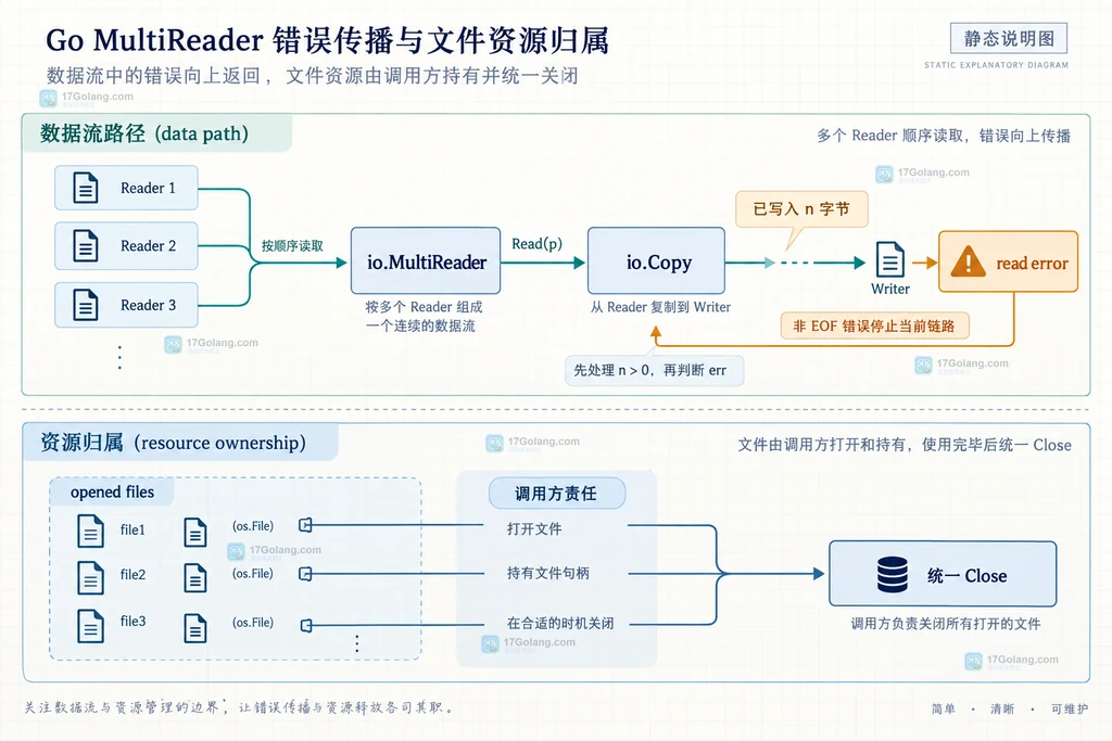 Go io.MultiReader 将 Input A、Input B、Input C 按顺序连接后交给 io.Copy 输出的结构说明图