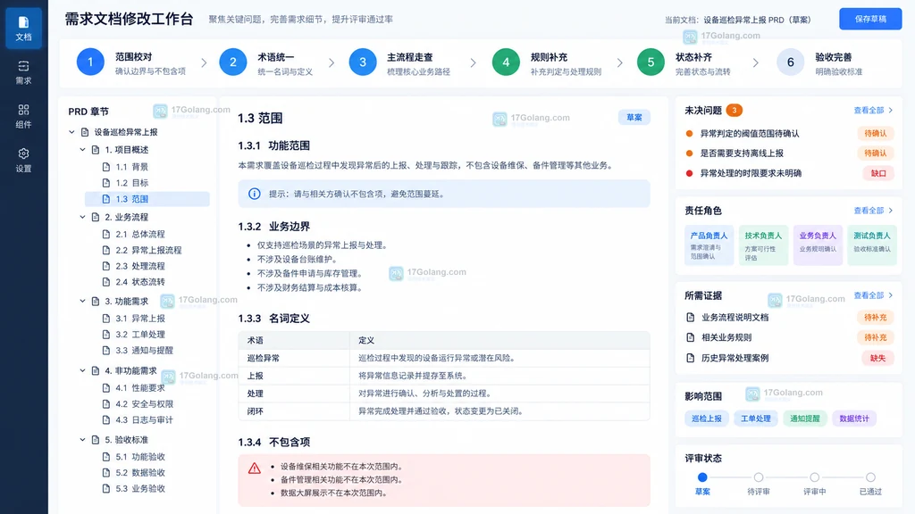 需求文档范围流程规则状态验收五轮修改与未决问题工作台示意