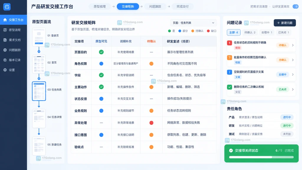 UI原型页面动作字段状态规则验收待确认研发交接矩阵示意