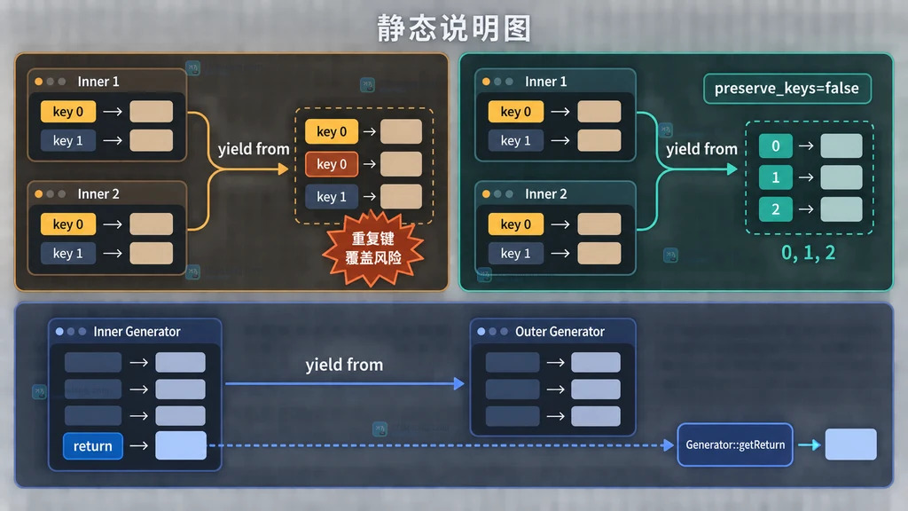 PHP Generator 用 yield from 把分页读取和支付状态过滤连接成惰性迭代链的结构说明图