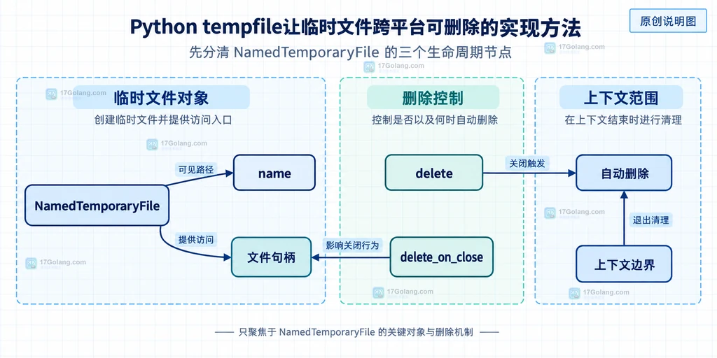 Python tempfile 在 POSIX 与 Windows 重新打开路径时的句柄共享和删除边界静态说明图