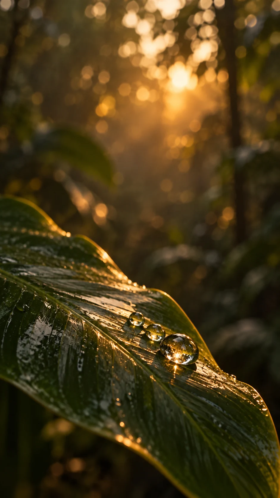 雨林水滴手机壁纸主方案,单片湿润叶片和透明水滴位于中下部,顶部为低对比锁屏安全区