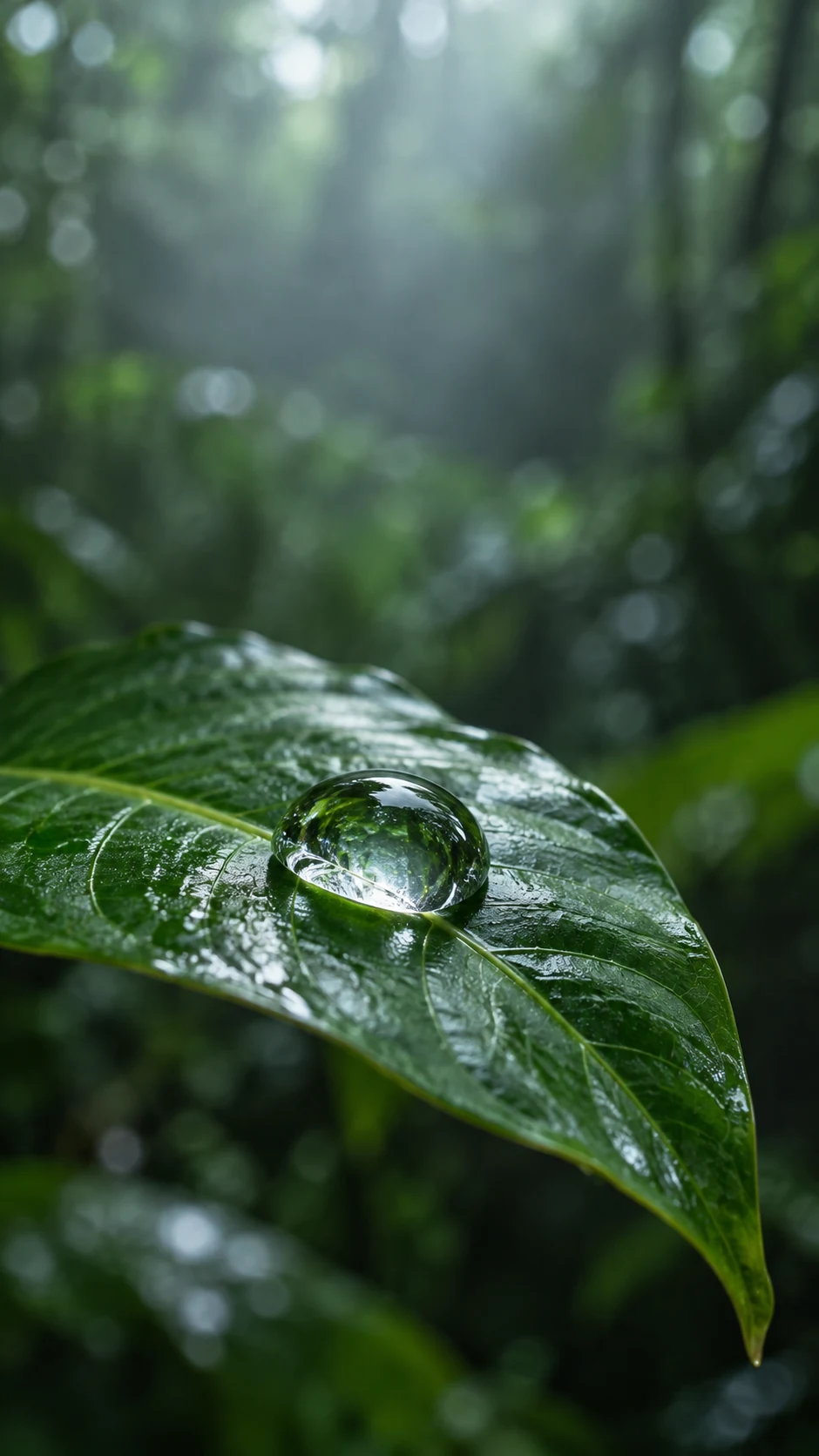 雨林水滴手机壁纸暖光变体,斜向叶片和琥珀边缘光把水滴焦点放在右下中部