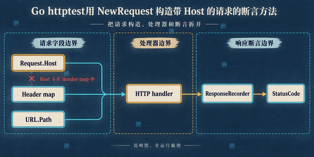 Go httptest.NewRequest 从绝对 URL 到 Request.Host 再到 HTTP handler 的静态结构说明图