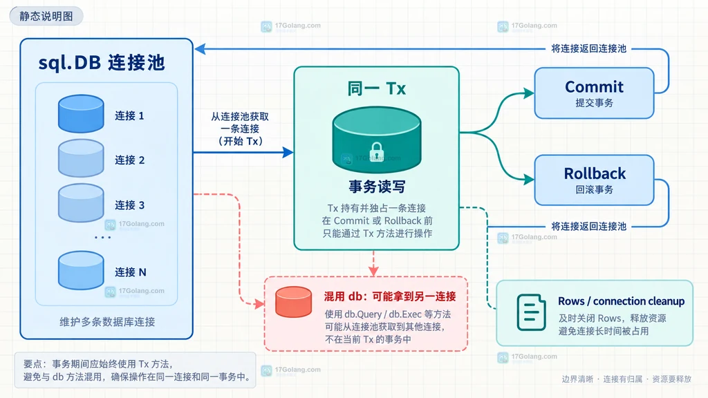 帮助读者区分连接池 DB、绑定事务 Tx 与异常路径资源释放的关系。