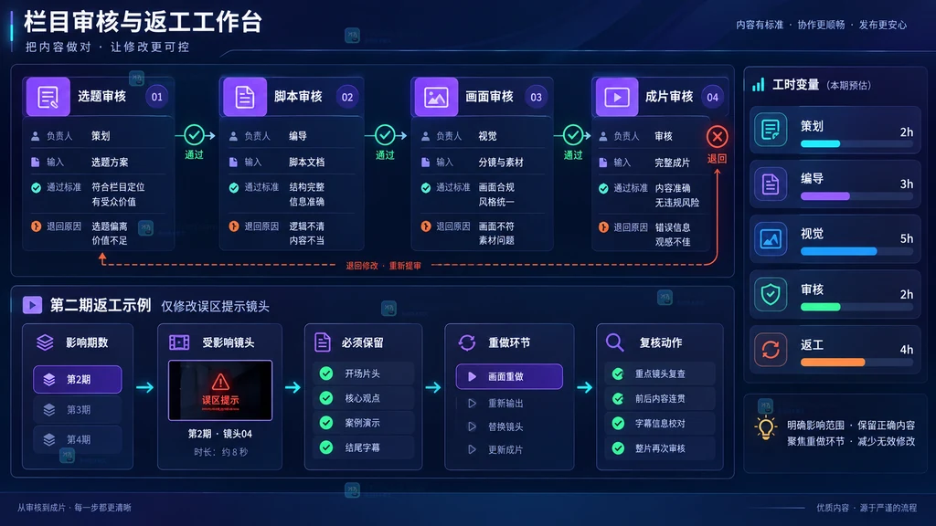 选题脚本画面成片审核关口退回原因影响期数角色工时返工流程