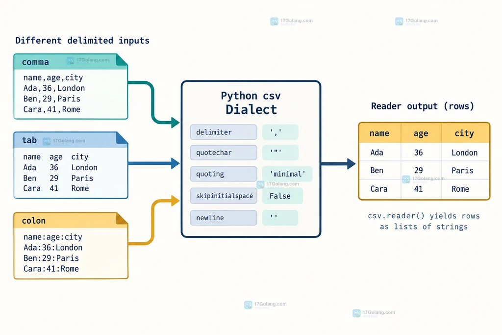 Python csv 通过 Dialect 注册表按名称选择逗号制表符冒号读取器的流程说明图