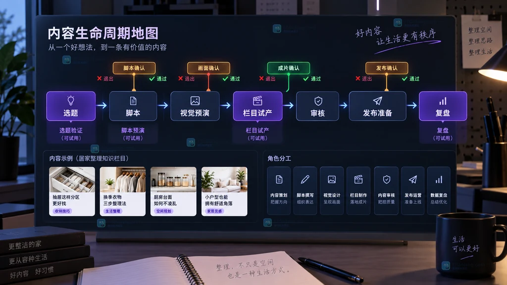 选题脚本预演试产审核发布复盘MCN内容生命周期工具介入点地图