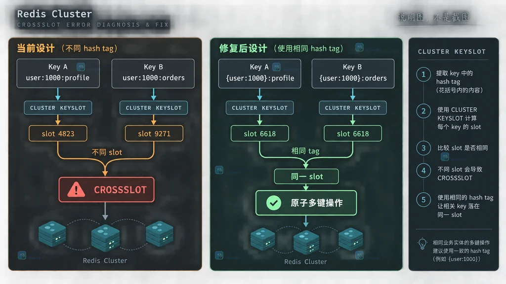 Redis Cluster key slot 从完整 key 或 hash tag 经过 CRC16 XMODEM 与 mod 16384 得到槽号的说明图