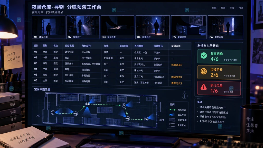 六镜头场景动作机位景别视线运动光线声音分镜预演工作台