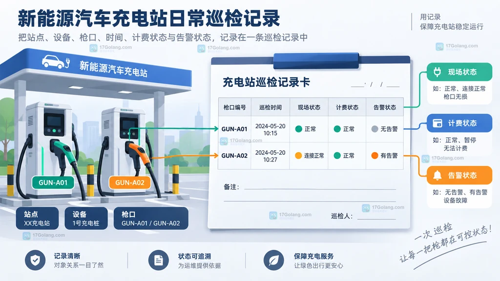 新能源汽车充电站告警处置闭环说明图,展示发现、限制使用、处理、复测与交接的关联