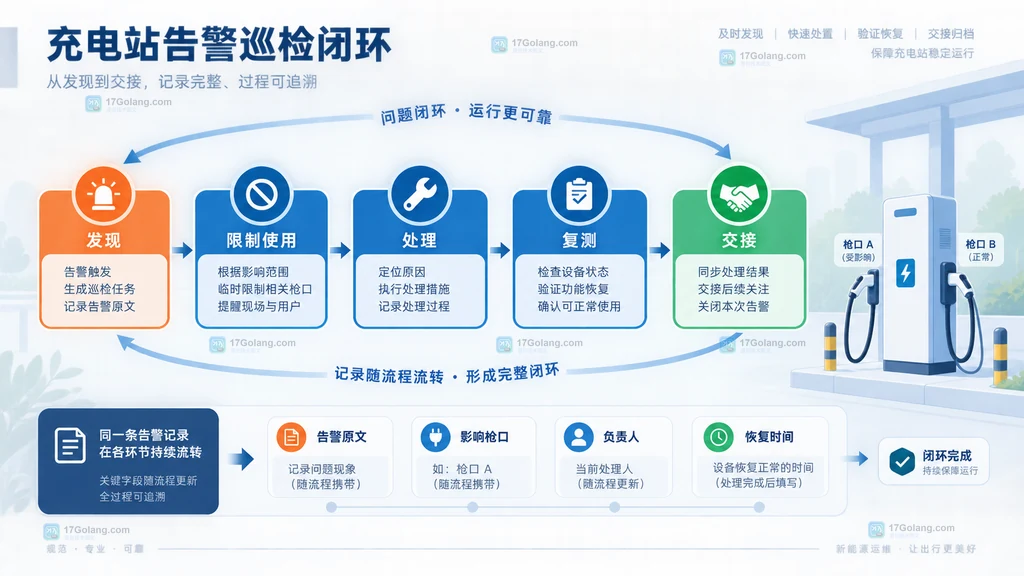 新能源汽车充电站巡检记录卡说明图,展示枪口编号、现场状态、计费状态和告警状态的字段关系