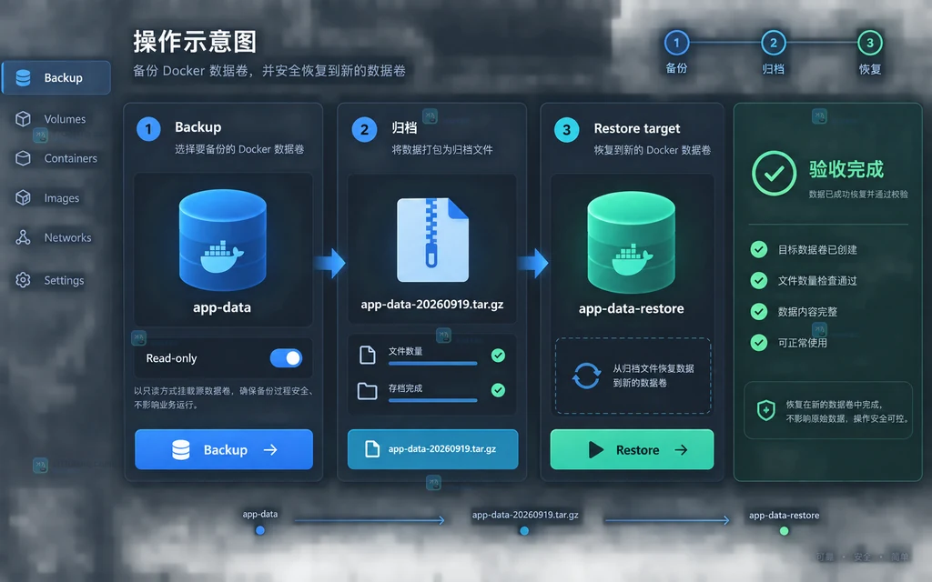 Docker volume备份恢复工作台中展示源volume、归档文件、新恢复volume和验收状态的原创界面说明图