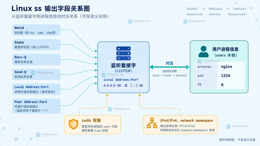Linux ss 输出中的 Local Address、端口和 users 进程 PID 字段关系说明图