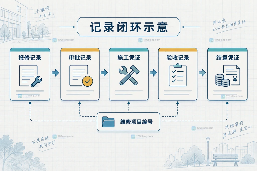 物业公共区域维修从报修记录到结算凭证的五节点关系说明图