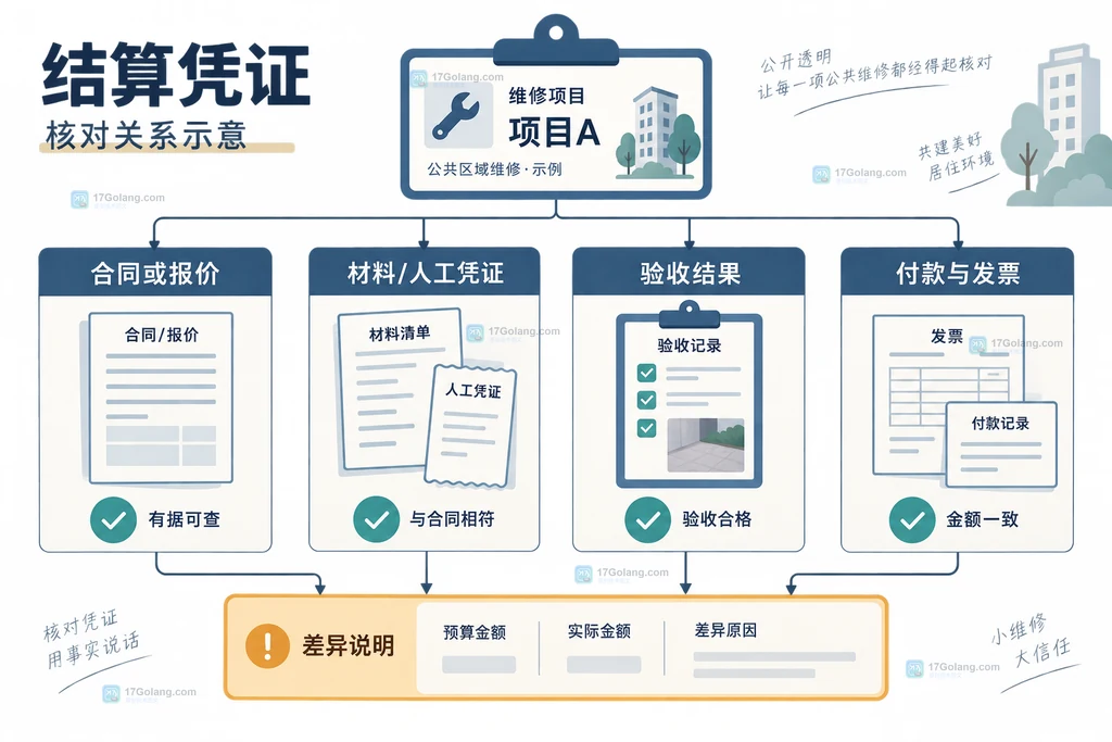 物业维修结算凭证与预算实际金额差异说明关系图