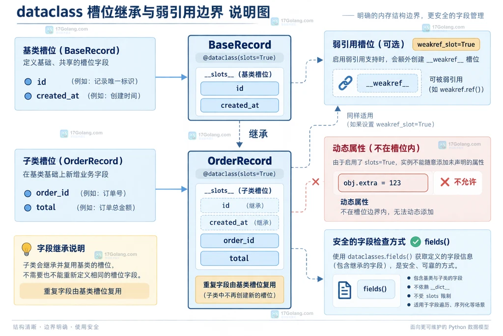 Python dataclass slots 继承、父类槽位、weakref_slot 与动态属性边界说明图