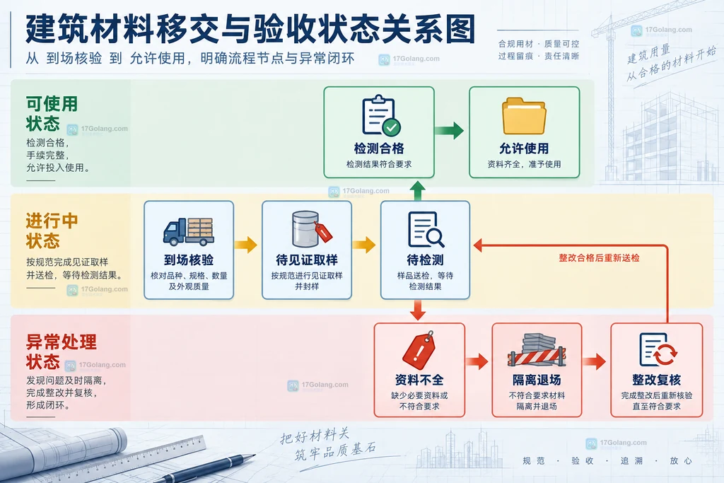 建筑工程材料验收与送检状态边界说明图,区分到场核验、待检测、合格使用和隔离退场