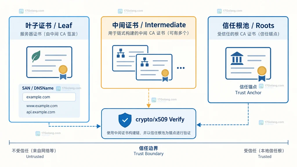Go crypto/x509 证书链关系说明图,展示叶子证书、中间证书与根池的角色边界