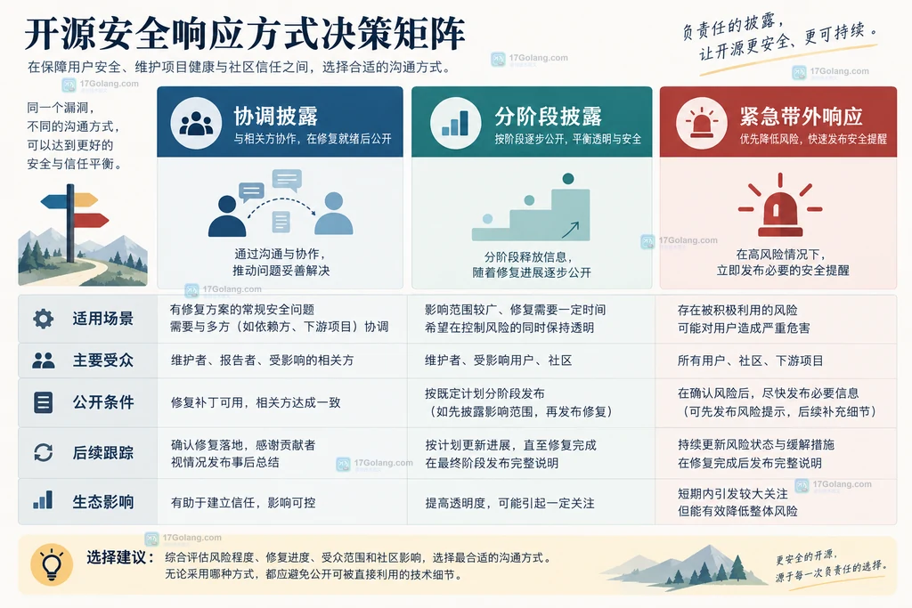 开源安全响应中报告事实、修复交付、公开披露和下游通知的关系说明图