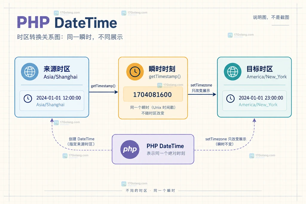 PHP DateTime 来源时区、瞬时时刻与目标时区的关系说明图