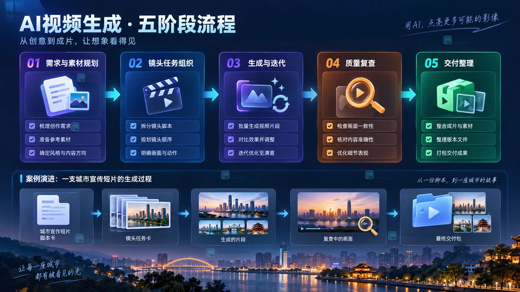 AI视频生成五阶段工作流原创说明图