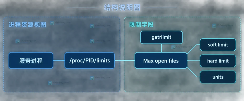 Linux 服务进程、proc limits 文件和 Max open files 三字段之间的静态关系说明图