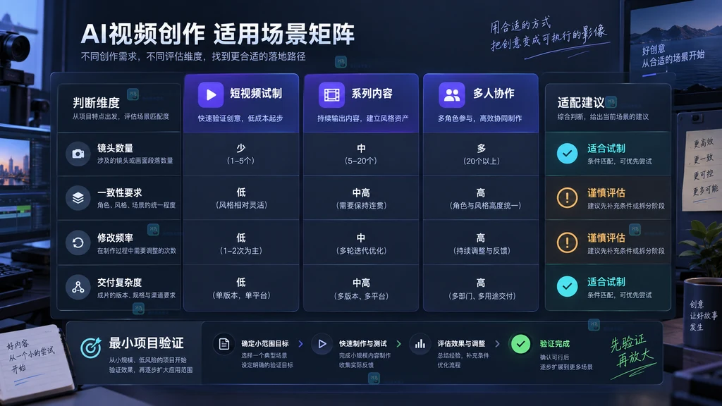 AI视频创作适用场景矩阵原创界面说明图