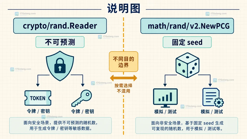 crypto rand安全随机源与math rand v2伪随机种子的选择边界说明图