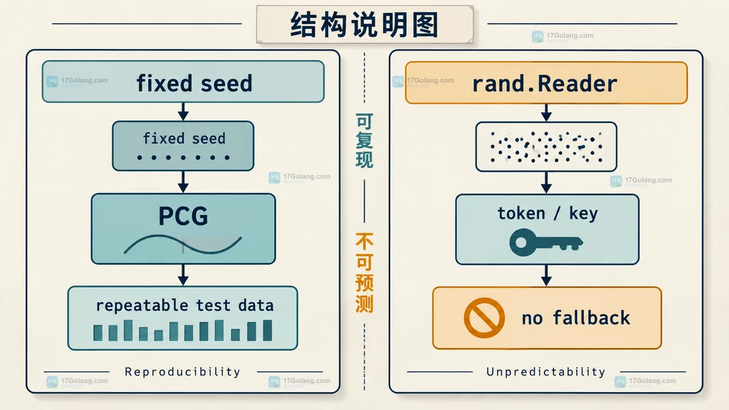 固定伪随机种子用于测试重放与安全随机用于令牌的对照说明图